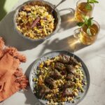 beef thigh kabobs on a plate