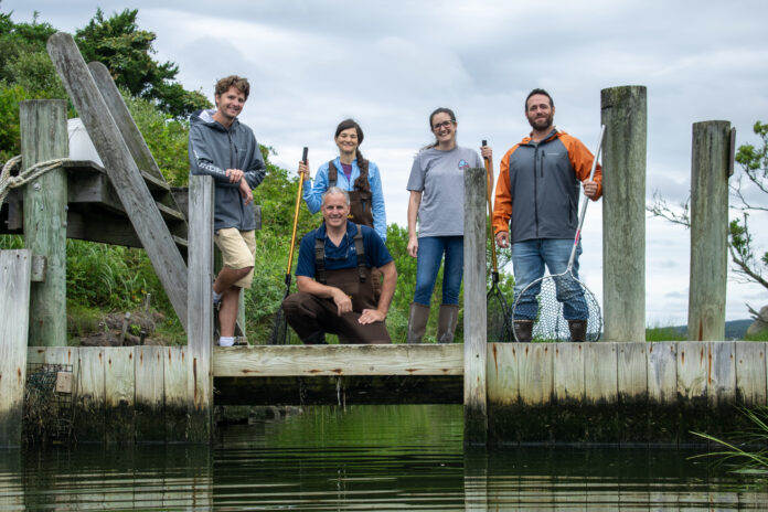 people standing on dock by river