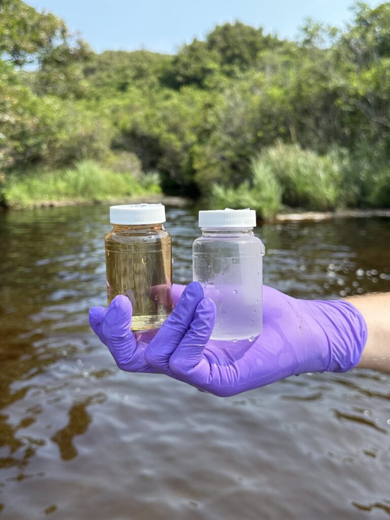 hand holding two water sample containers
