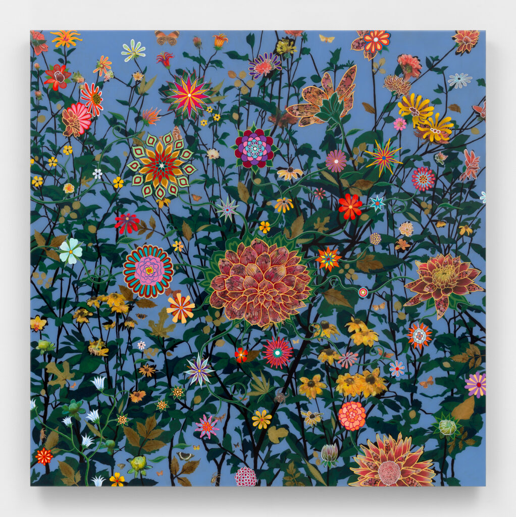 a painted picture of flowers in a garden