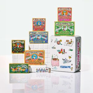 Colorful, illustrated boxes of tinned seafood all branded with the company name Fishwife.