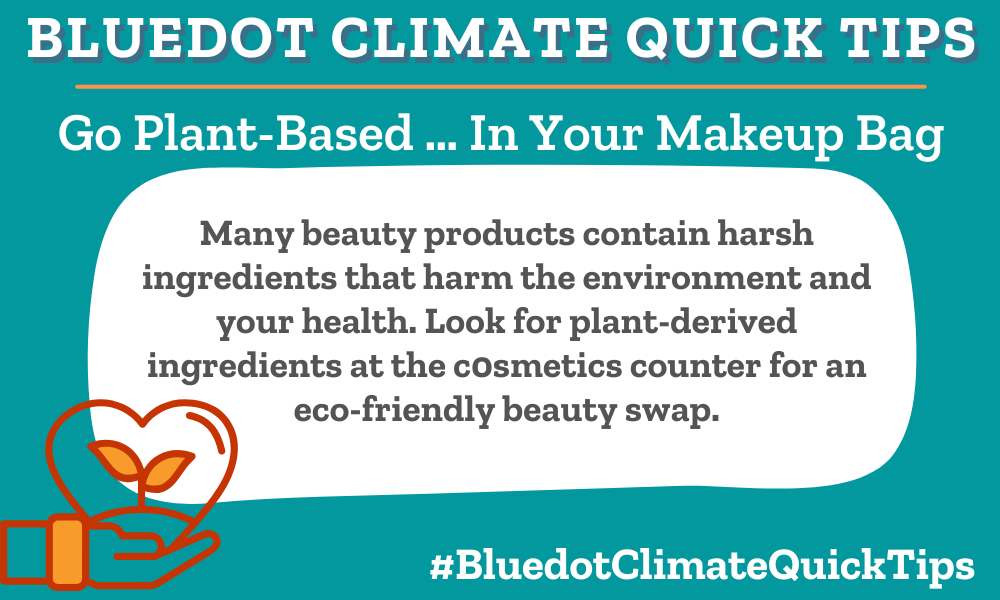 Many beauty products contain harsh ingredients that harm the environment and your health. Look for plant-derived ingredients at the c0smetics counter for an eco-friendly beauty swap. Read Bluedotโs Guide to Clean Beauty for more tips or check out our marketplace for Bluedot approved products.