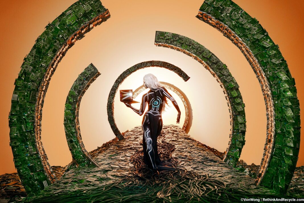 A model stands in the middle of a tunnel made of electronic waste