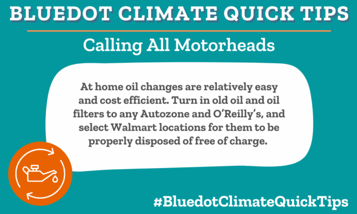 At home oil changes are relatively easy and cost efficient. Turn in old oil and oil filters to any Autozone and O’Reilly’s, and select Walmart locations for them to be properly disposed of free of charge. All Autozone and O’Reilly’s locations and some Walmart locations accept motor oil and oil filters for recycling free of charge.