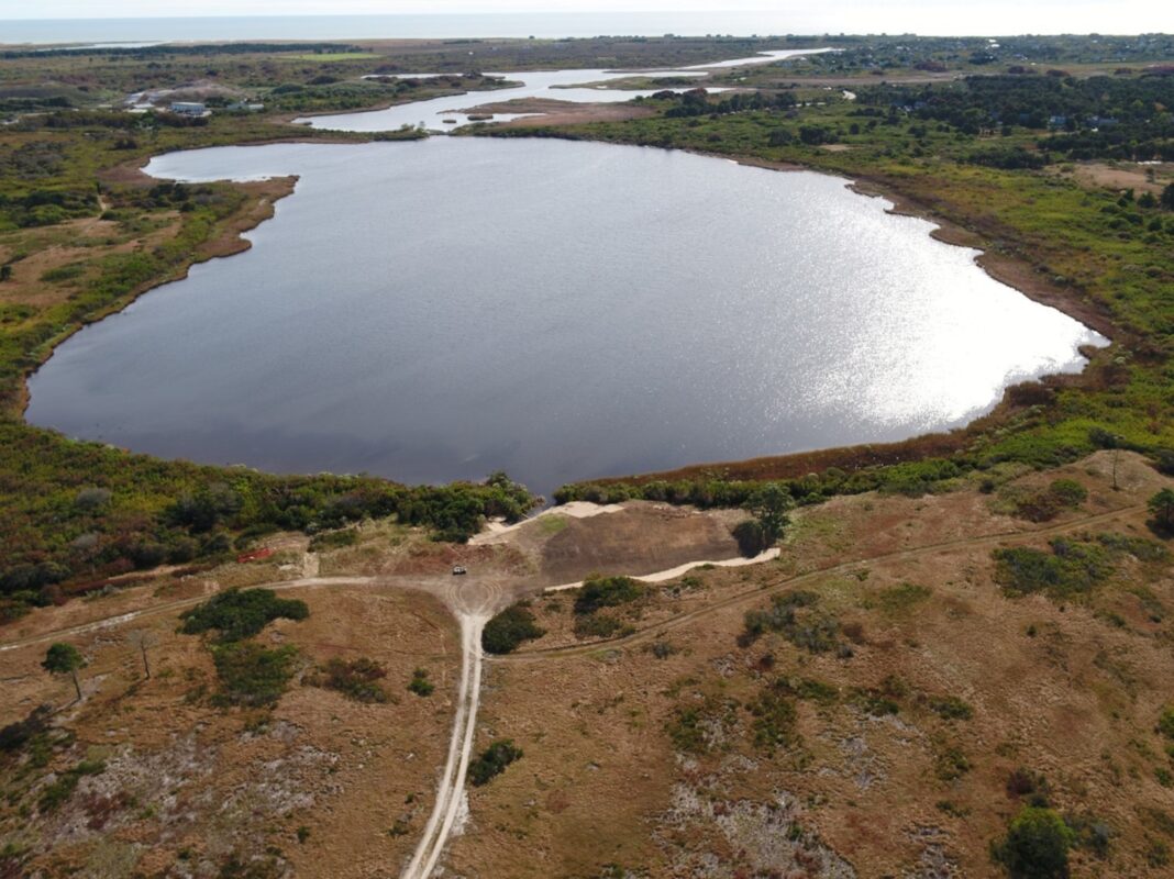aerial photo of a large pond