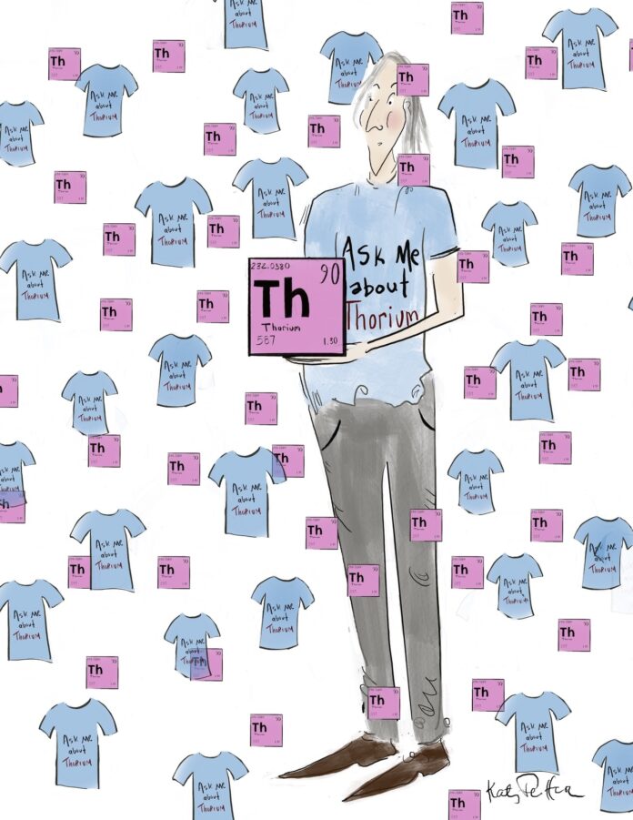 an illustration of Joel Aronie wearing his "Ask me about thorium" shirt
