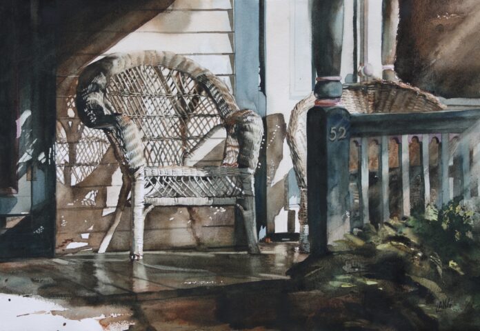 a watercolor picture of a chair sitting on a porch