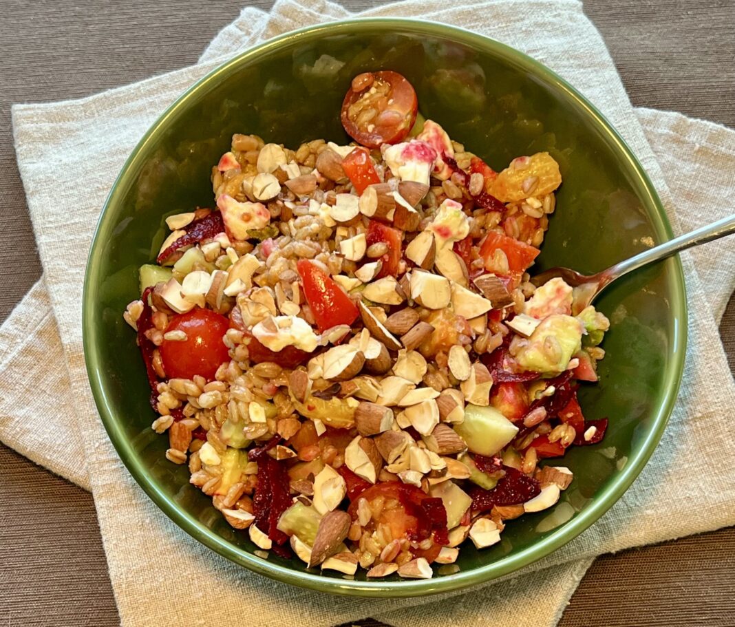 a colorful salad featuring grains