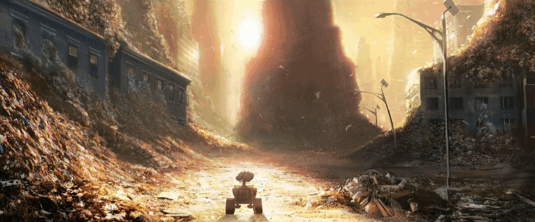 A small cartoon robot looks out a city overflowing with trash in the movie Wall-E.