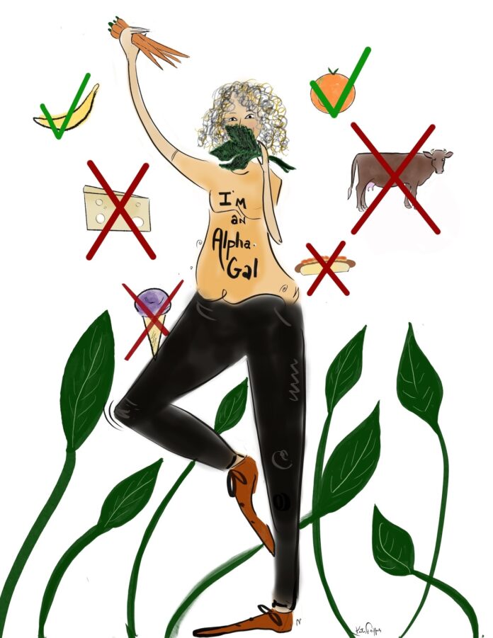 Nancy Aronie-Alpha Gal-revised-Kate Feiffer a hand-drawn illustration of a woman surrounded by plants