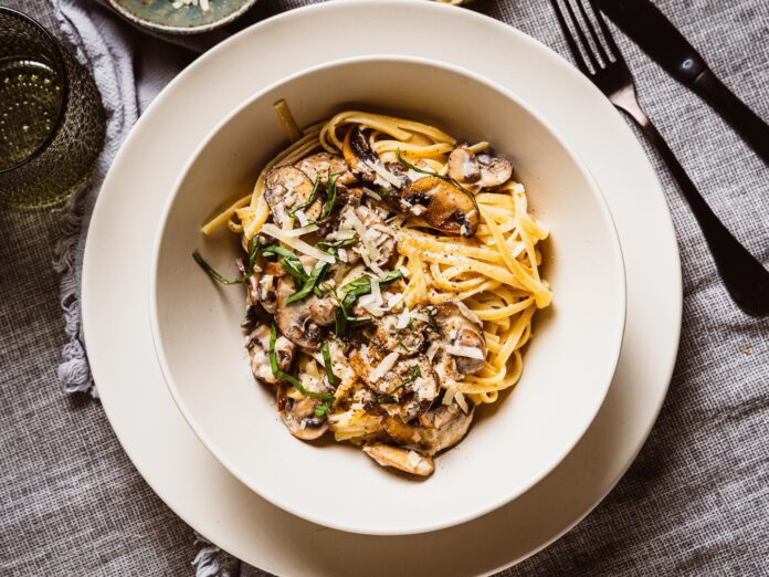 plant-based mushroom pasta in a bowl