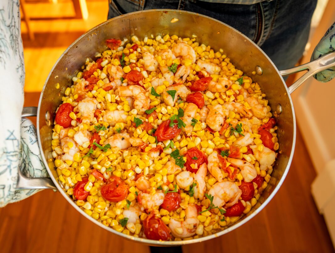 shrimp scampi with summer corn and tomatoes