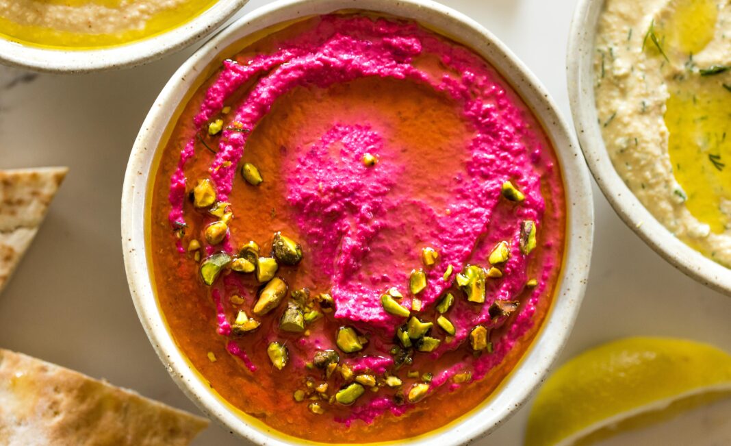 beat hummus served with veggies