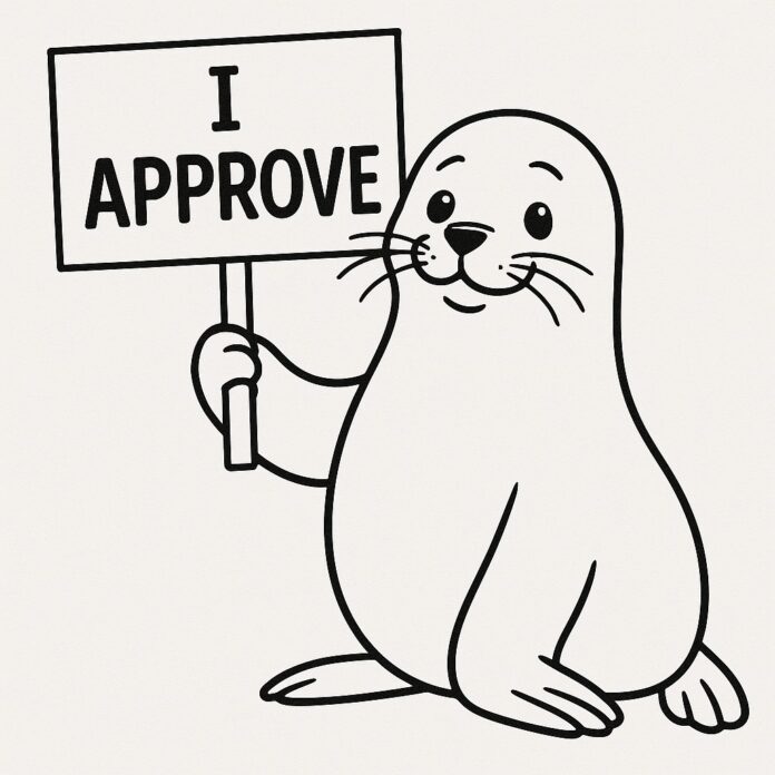 a cartoon seal holding a sign that says "I approve"