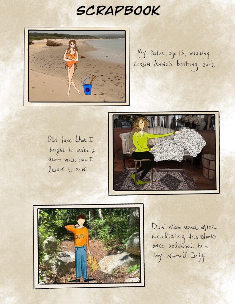 an illustration of a scrapbook-like page of little moments from nancy aronie's memories around thrifting