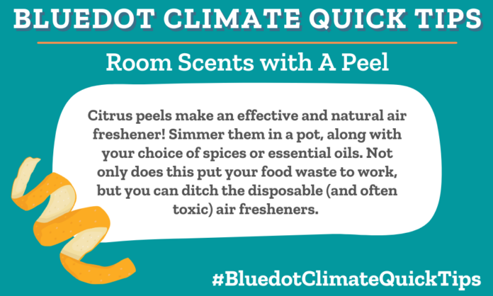Citrus peels make an effective and natural air freshener! Simmer them in a pot, along with your choice of spices or essential oils. Not only does this put your food waste to work, but you can ditch the disposable (and often toxic) air fresheners.