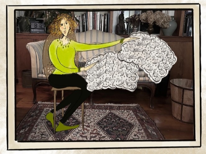 an illustration of nancy aronie holding lace