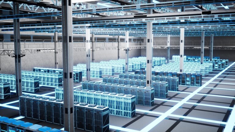 data center equipment with blue VFX overlay over modular blade servers storage