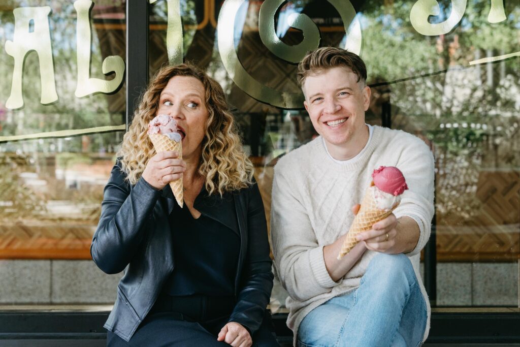 Salt & Straw founders Kim and Tyler Malek enjoy some ice cream cones