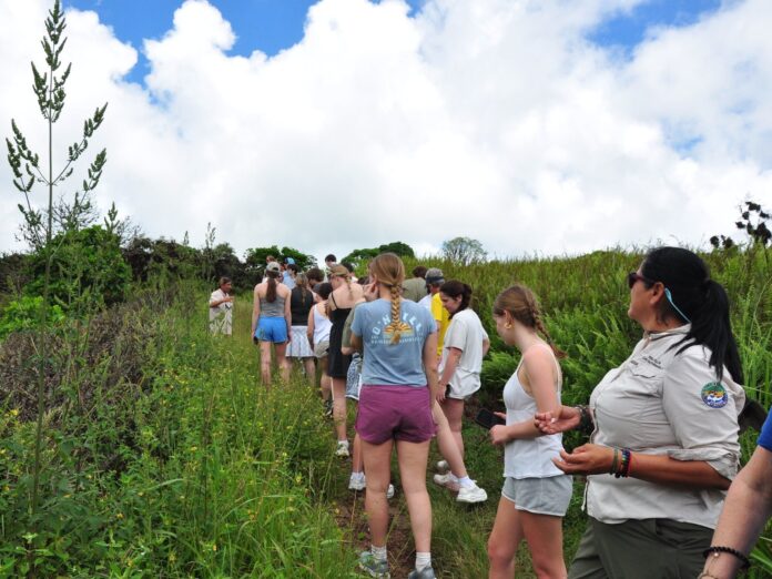 nantucket-students-in-galapagos-rgraves nantucket students walk in a line as they take a tour of the galapagos