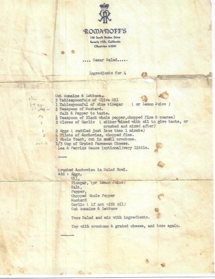 the recipe page for Romanoff’s Caesar Salad