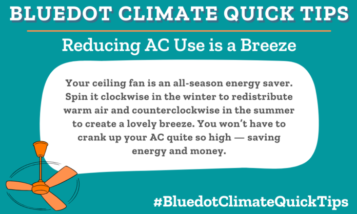 Climate Quick Tip: Reducing AC Use is a Breeze Your ceiling fan is an all-season energy saver. Spin it clockwise in the winter to redistribute warm air and counterclockwise in the summer to create a lovely breeze. You won’t have to crank up your AC quite so high — saving energy and money. A ceiling fan is an all-season energy saver.