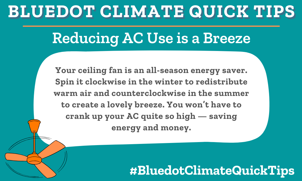 Climate Quick Tip: Reducing AC Use is a Breeze Your ceiling fan is an all-season energy saver. Spin it clockwise in the winter to redistribute warm air and counterclockwise in the summer to create a lovely breeze. You won’t have to crank up your AC quite so high — saving energy and money. A ceiling fan is an all-season energy saver.