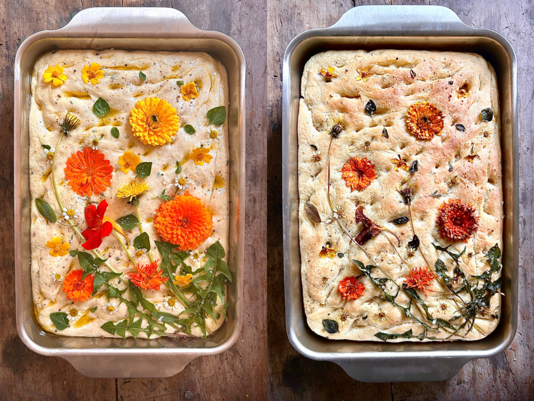 a before and after photo of focaccia with edible flowers and herbs