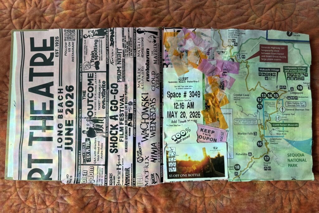 a page from emily's junk journal featuring confetti, maps, and a calendar