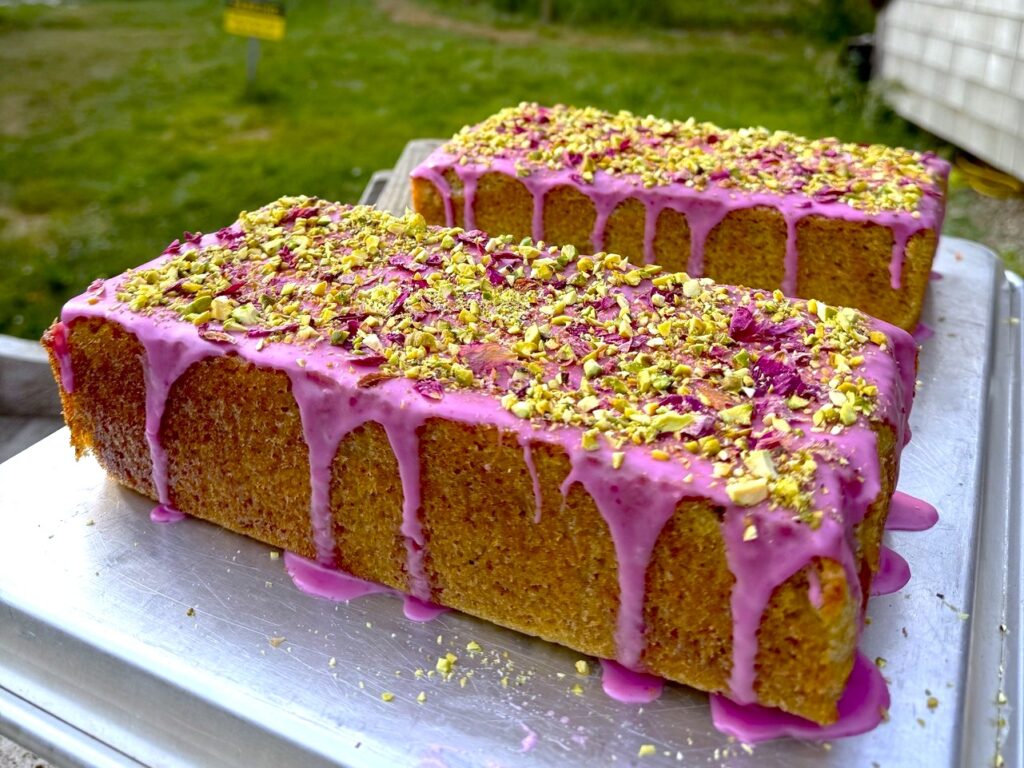 irene's pistachio almond olive oil cake with rose icing
