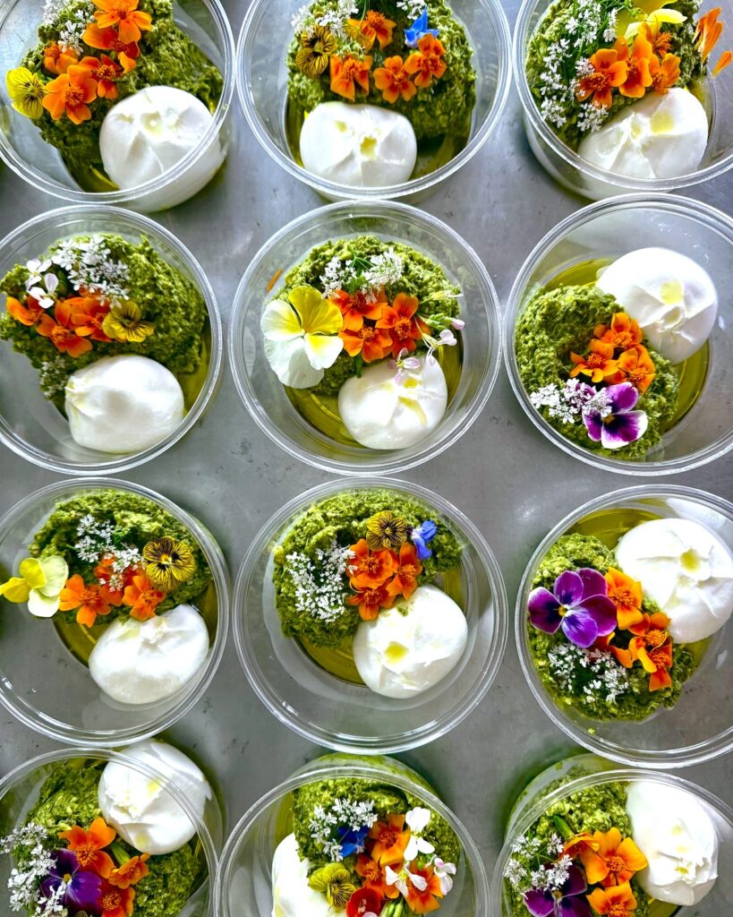 spring pesto with burratina, garnished with edible flowers