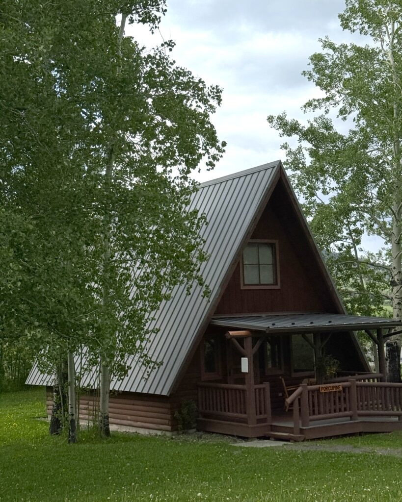a-frame cabins surrounded by trees at b bar ranch