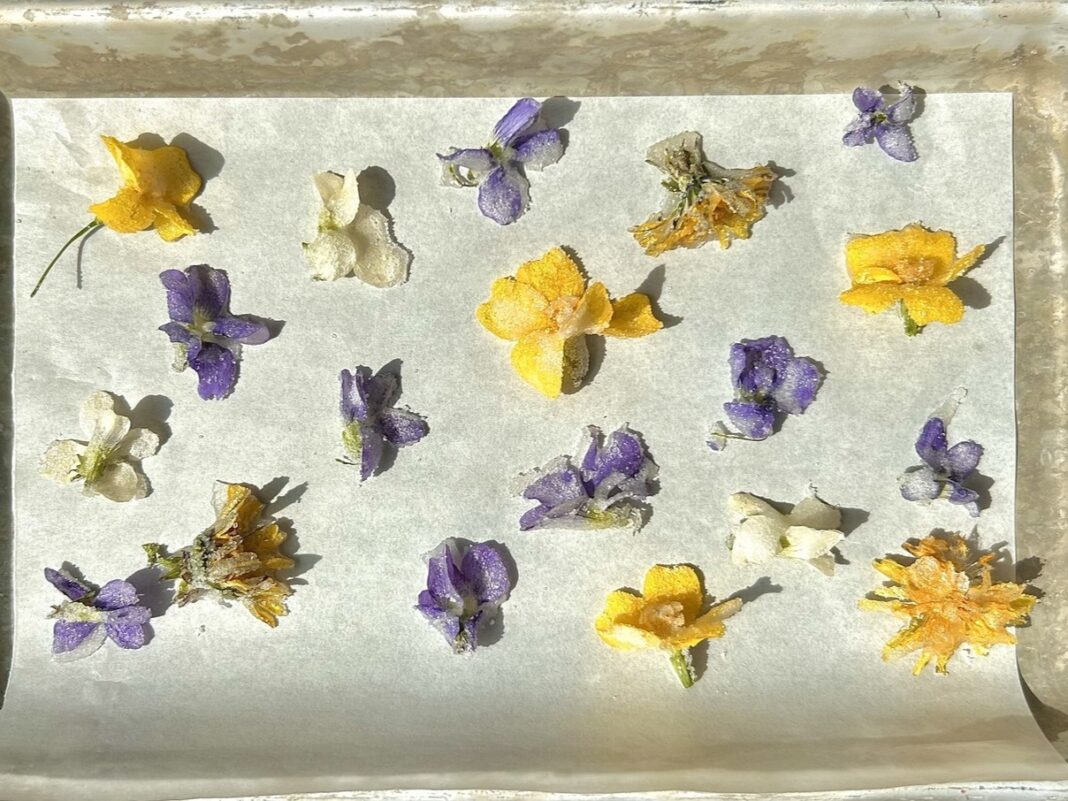 edible flowers on a tray