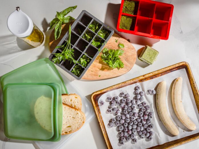 a collection of frozen foods and tools used to freeze them