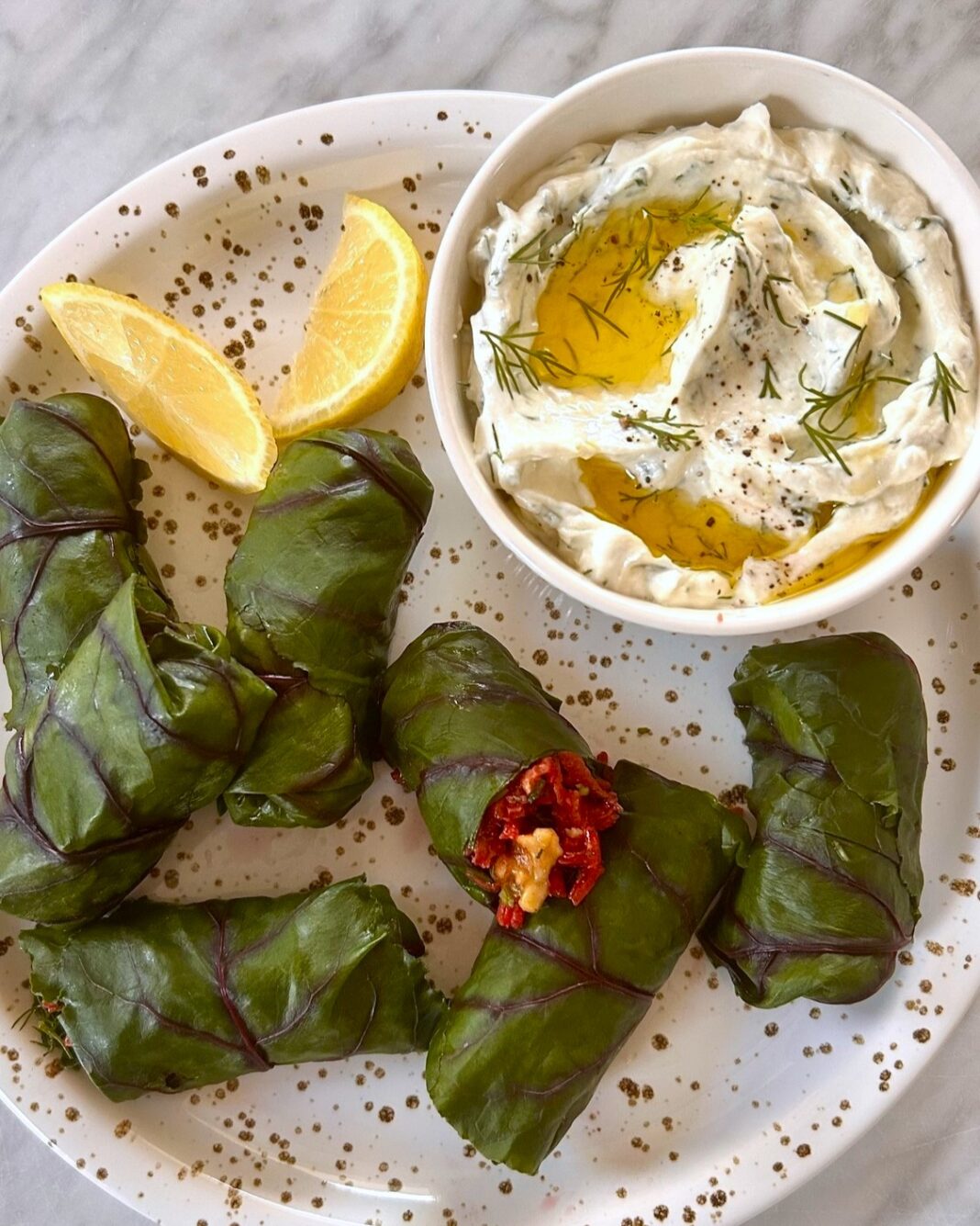 Stuffed Beet-Leaf Dolmades With a Yogurt, Dill, and Olive Oil Dip